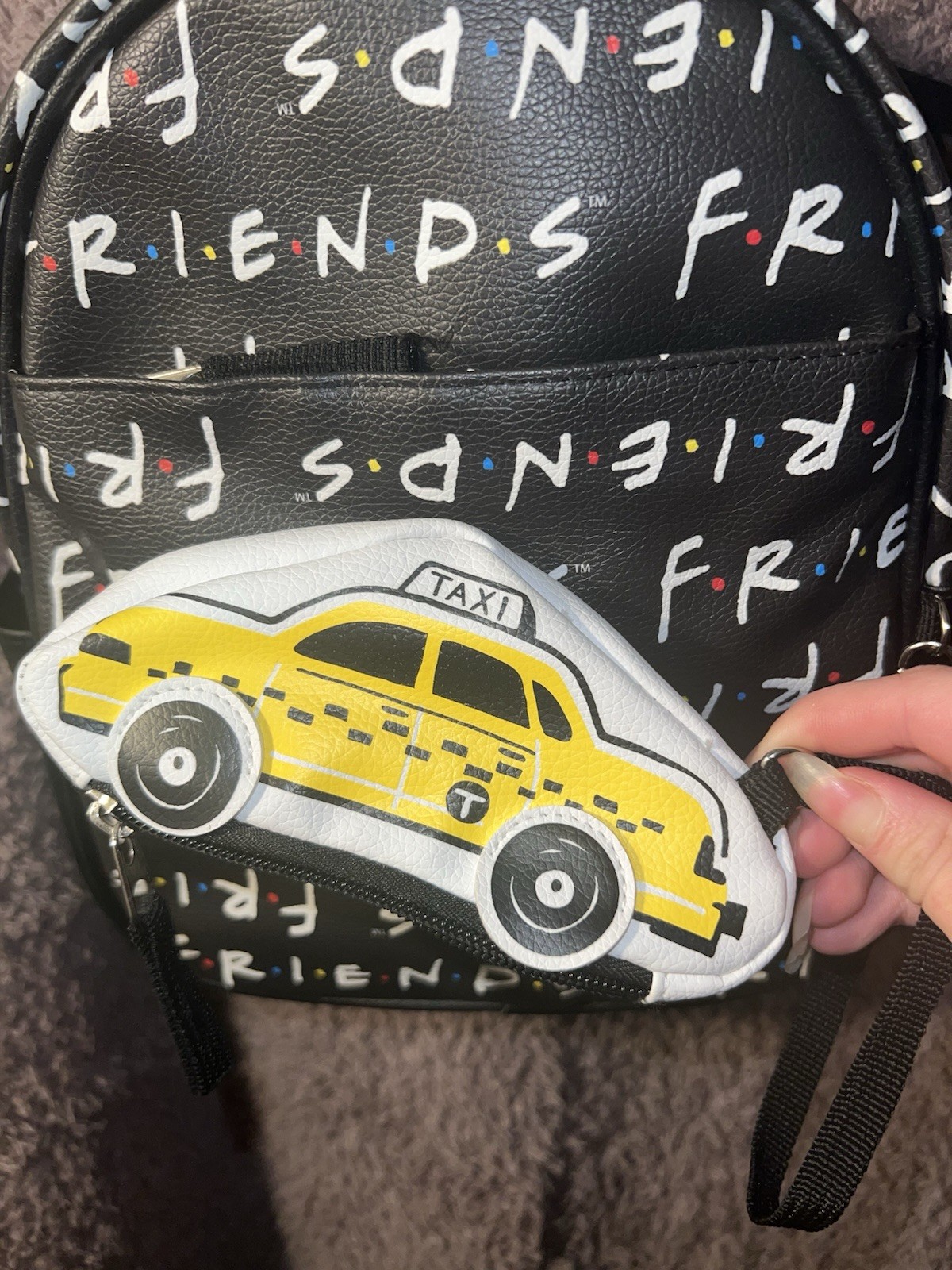 Friends TV Show Mini Backpack 10.5” Black Friends Logo With Taxi Cab Coin Purse