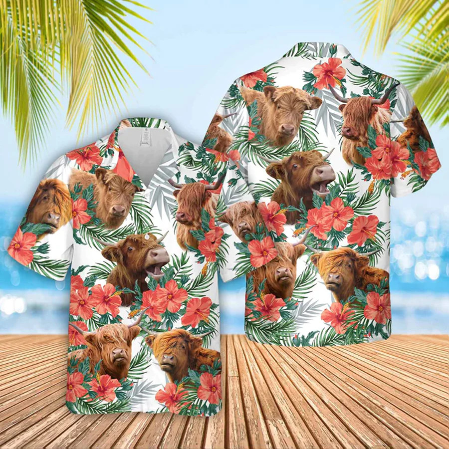 Highland Cow Flowers Trendy Hawaiian Shirt, Gift For Farm Clothing, Summer Gift