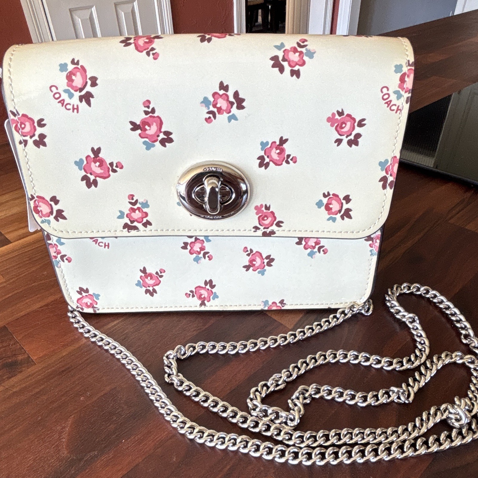 Coach Bowery Floral Bloom Print Patent Small Crossbody Turnlock Silver Chain