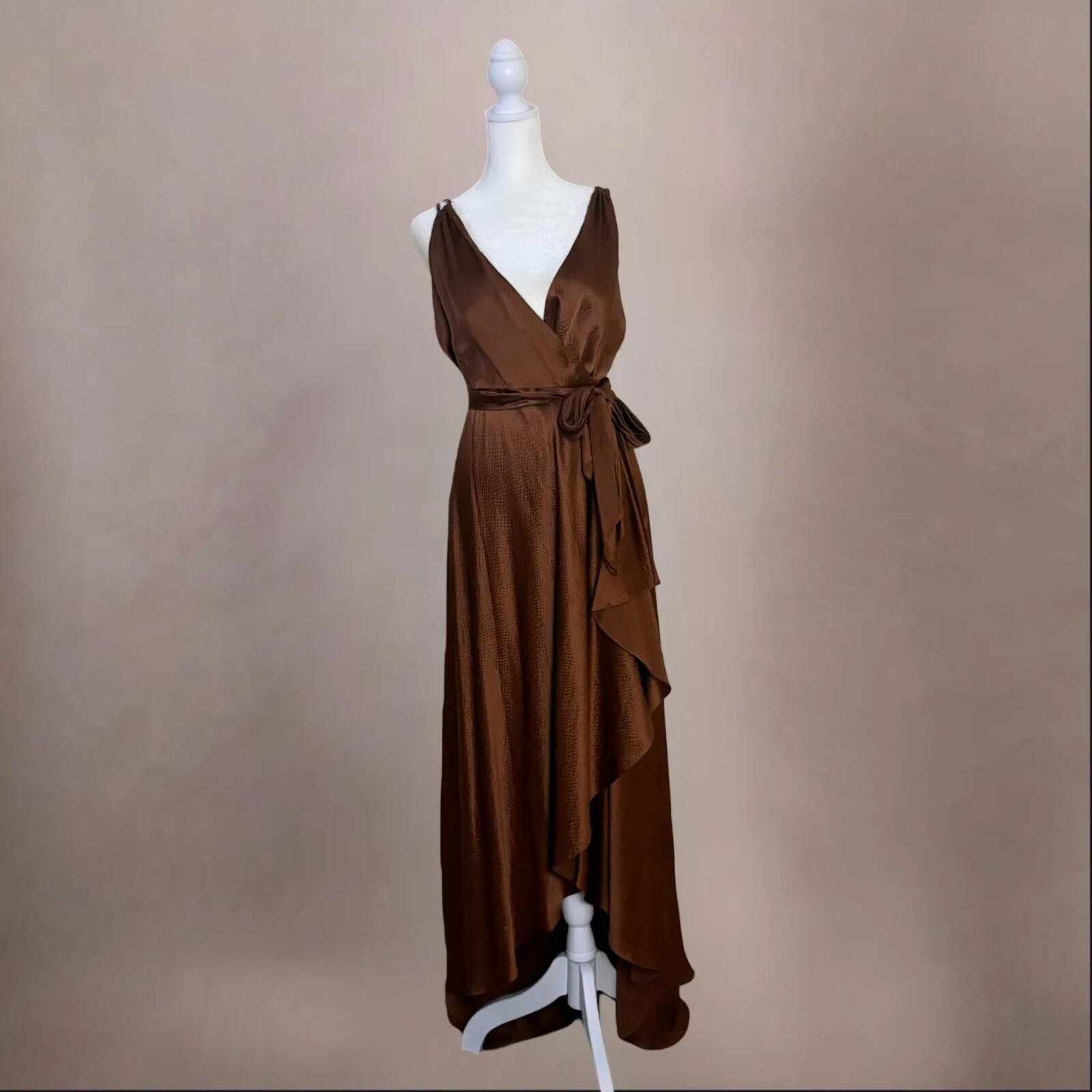 BCBG Copper Brown 100% Silk Wrap Beaded Ruffle Gown