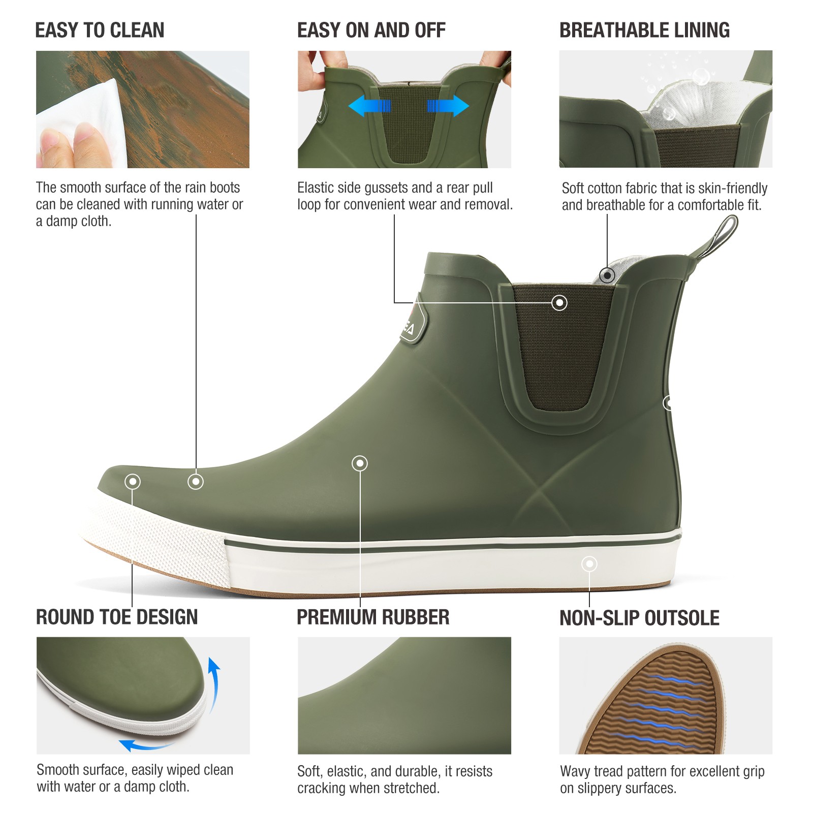 HISEA Men’s Deck Boots Ankle Rain Boots Waterproof Rubber Sailing Fishing Boots