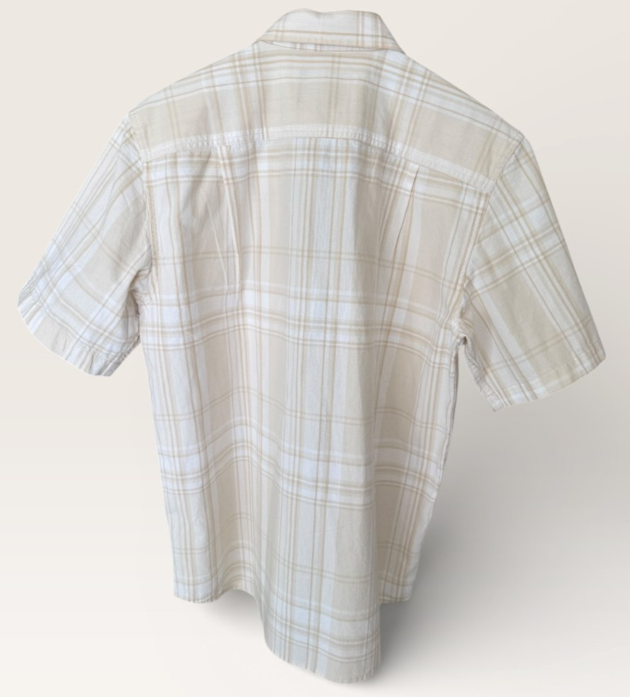 Carhartt Shirt Mens M Beige White Outdoor Button Up Loose Fit Plaid Work Shirt