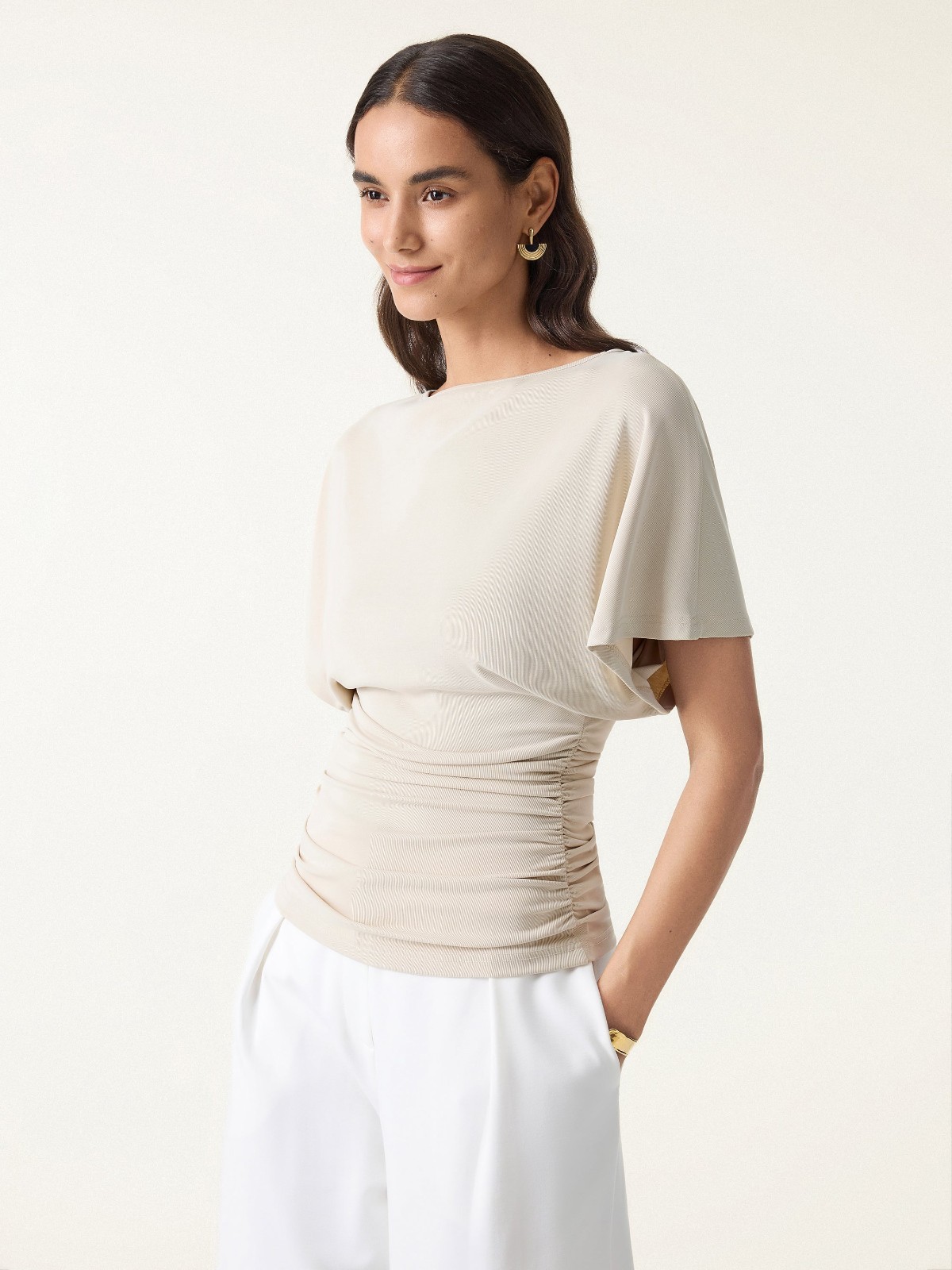 OGL Effortless Boatneck Batwing Sleeve Side Ruched Top,Morning Mist, Freeship US