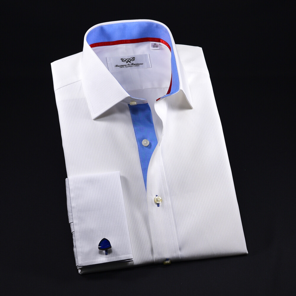 Classic White Men’s Formal Business Dress Shirt Mini Stripe French Double Cuffs