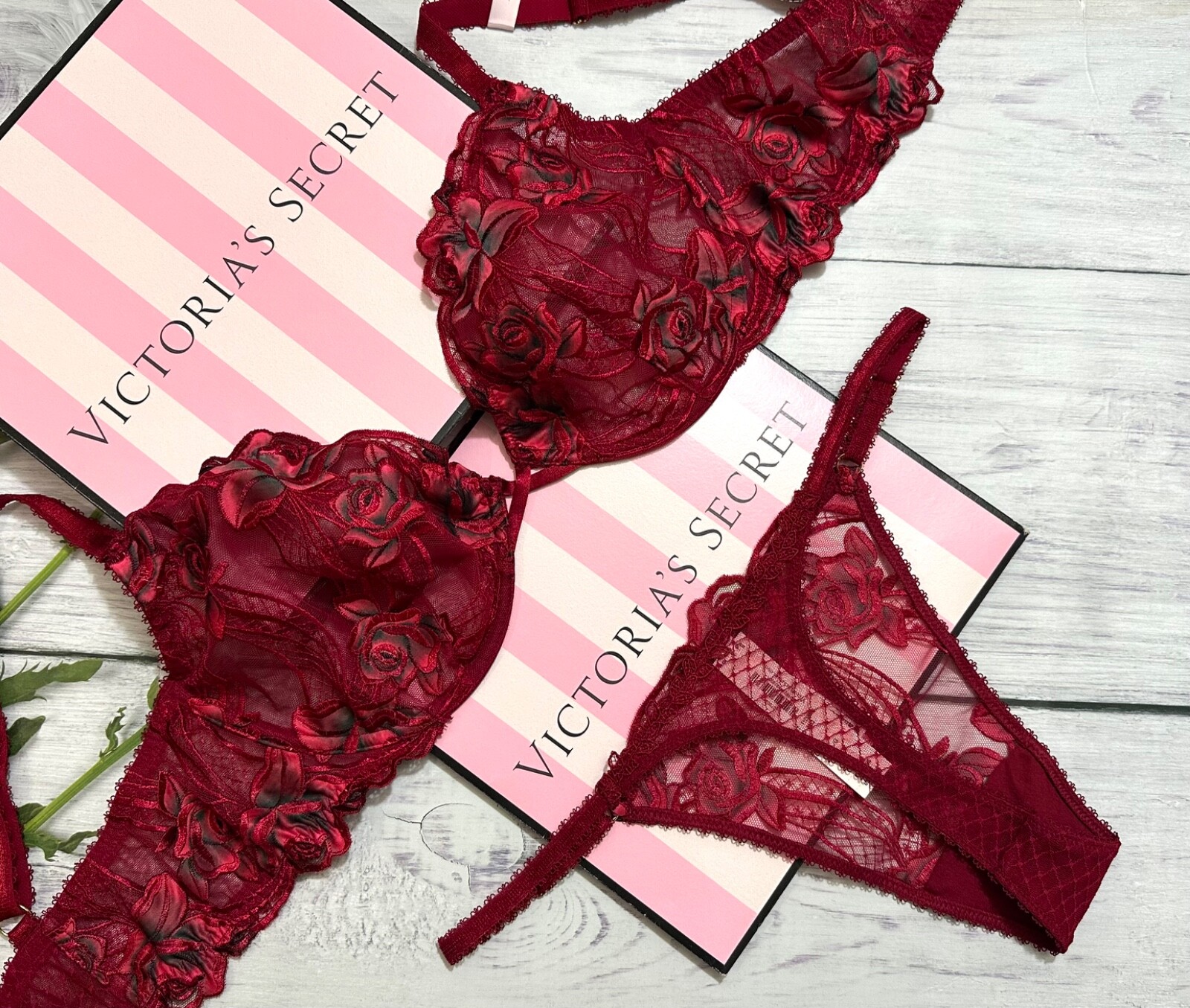 Victoria’s Secret VERY SEXY Red Rose Unlined Low-Cut Demi Bra Garter Thong Set