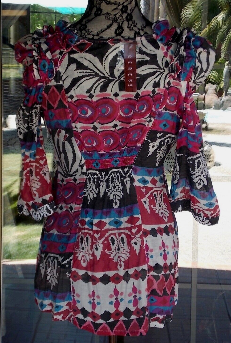 New Puffy Sleeve Ruffle Shoulders Macrame Bodice Long Tunic Shirt Sz. M 36″