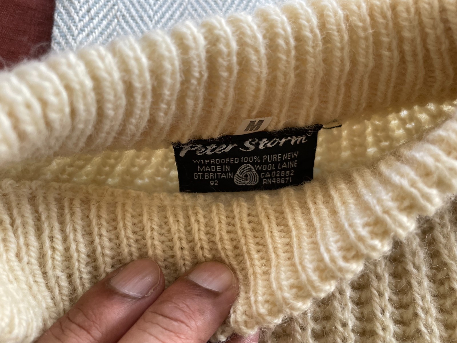 Vintage Peter Storm Fisherman Wool Knit Sweater Ecru Great Britain Mock Neck, M