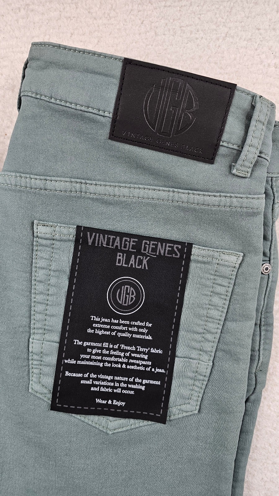 VGB Vintage Genes Black Slim Fit Green French Terry Denim Jeans PICK YOUR SIZE