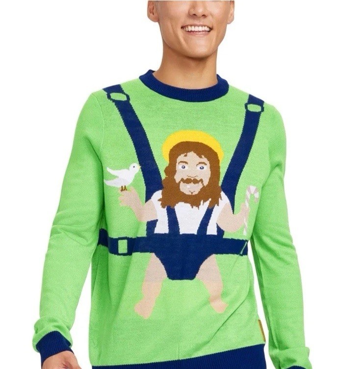 Tipsy Elves Sweater Mens Medium Green Blue Sweet Baby Jesus Christmas Crew Neck