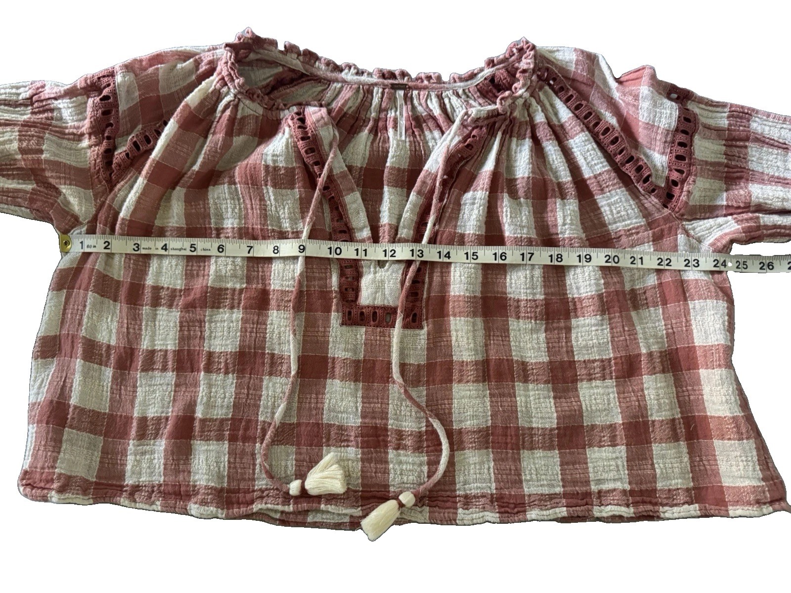Free People Gingham Peasant Top Small Peachy Pink Cotton Boho Cottagecore Gauzy