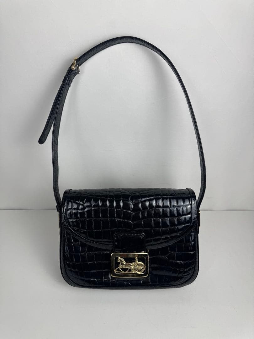 CELINE Carriage Hardware One Shoulder Enamel Leather Bag Black Vintage