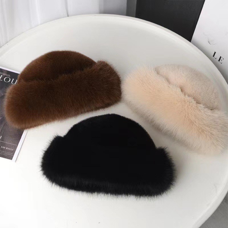 Women Faux Fur Mongolian Hats Cap Brimless Plush Fluffy Skiing Riding Warm