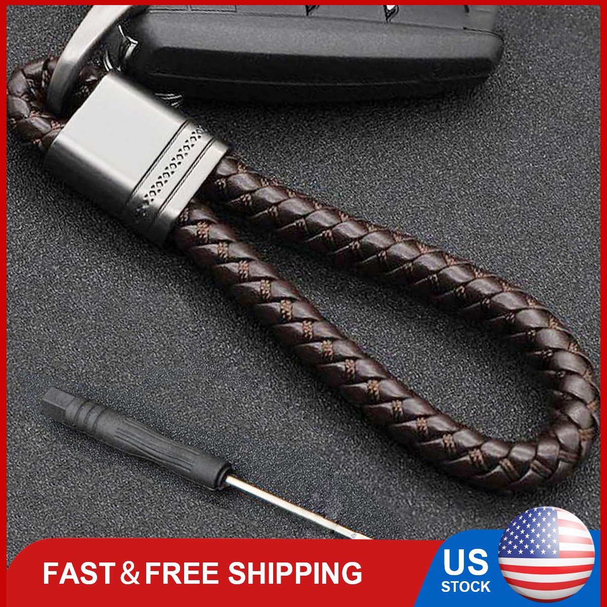 Hand Woven Leather Loop Horseshoe D Buckle Car Keychain Keyring Fob Holder Car