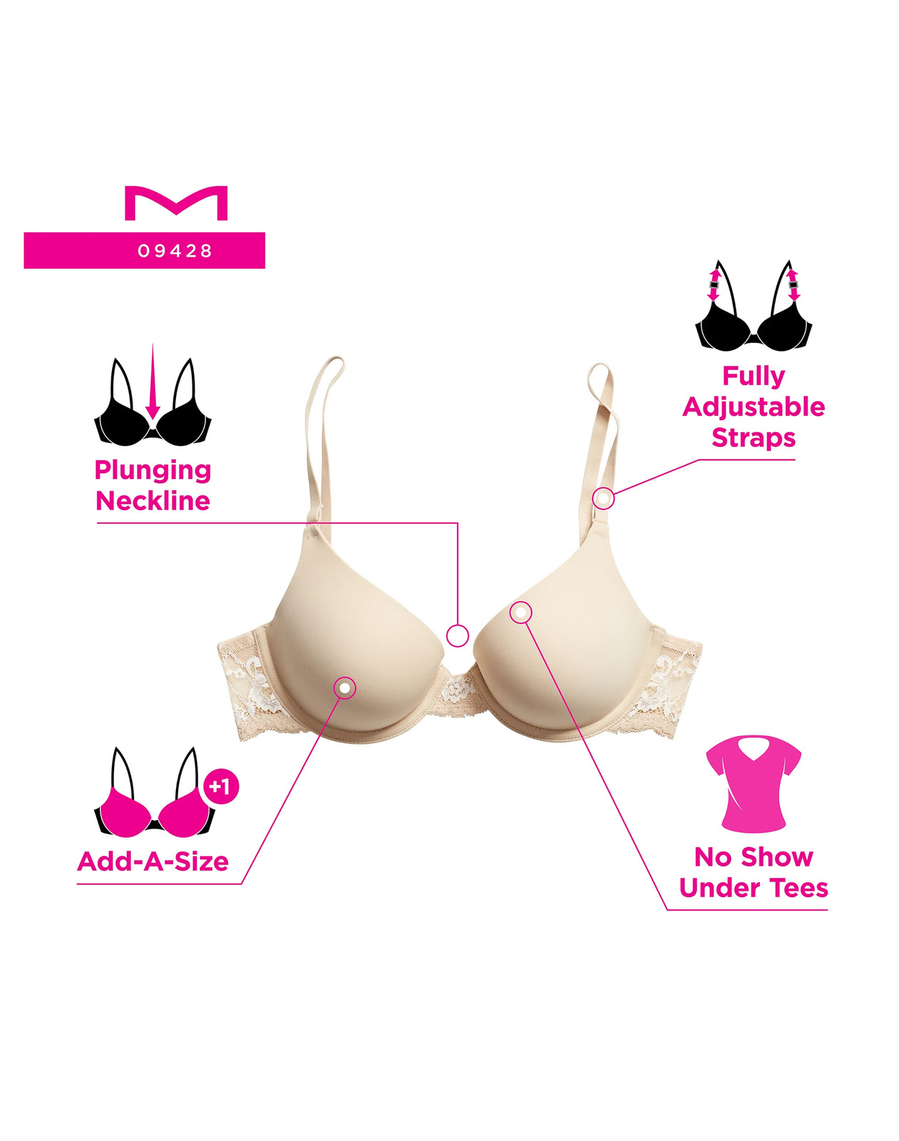 Maidenform Love the Lift Bra Natural Boost Demi T-Shirt Underwire Push Up Padded
