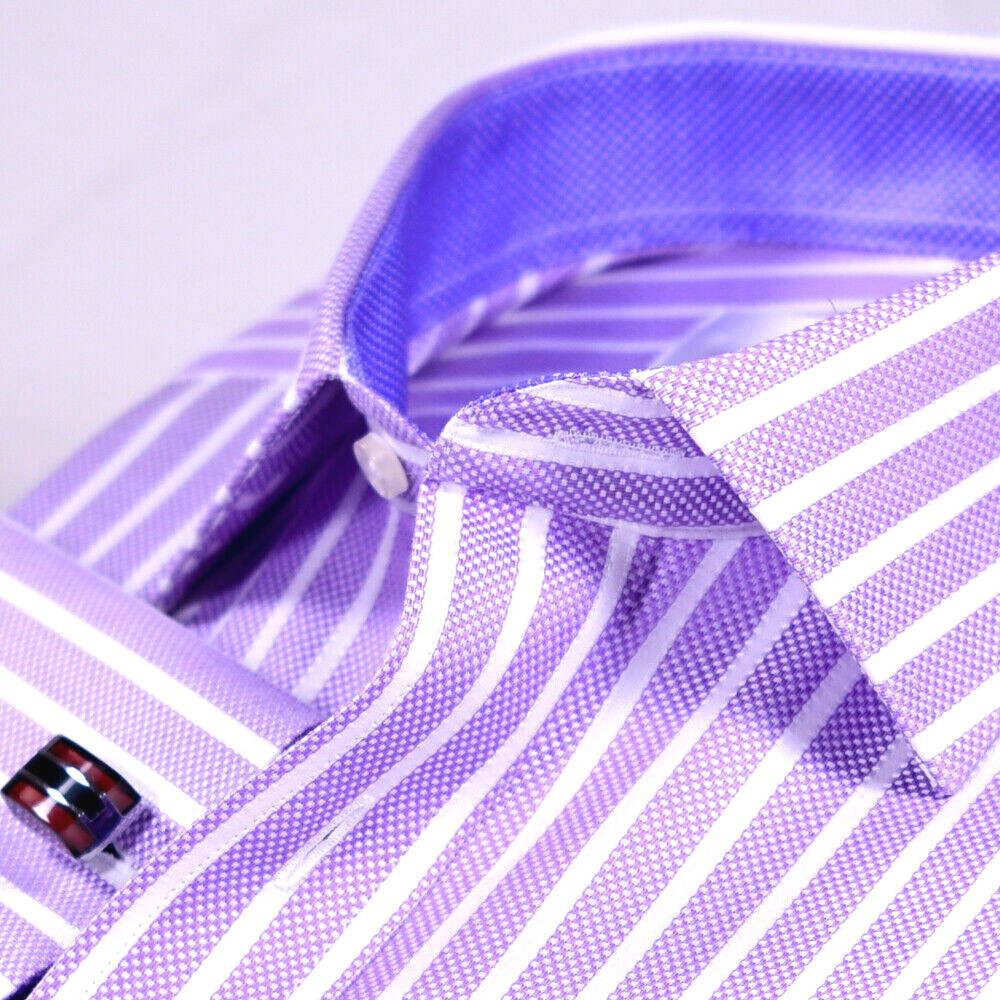 Purple White Stripes Elegant Double Ply Wevon Business Shirts With Inner Lining