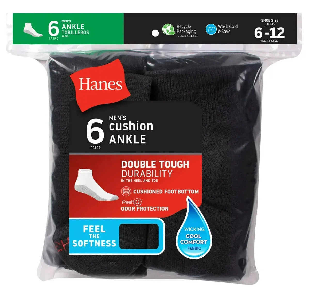 Hanes Men’s Cushion Ankle Socks, Size 6-12, 6-Pack, Black White