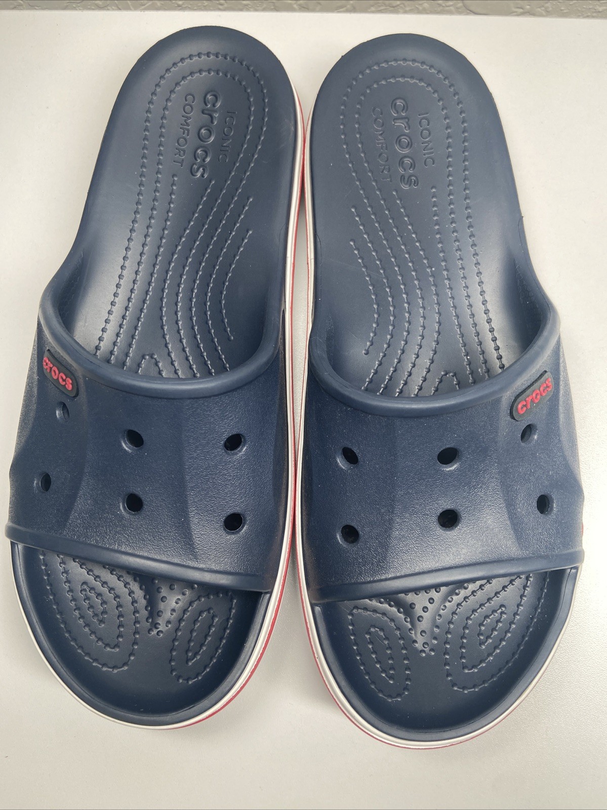 Crocs Adult Bayaband Slides Sandals unisex men’s 6 women’s 8 Red, White, Blue