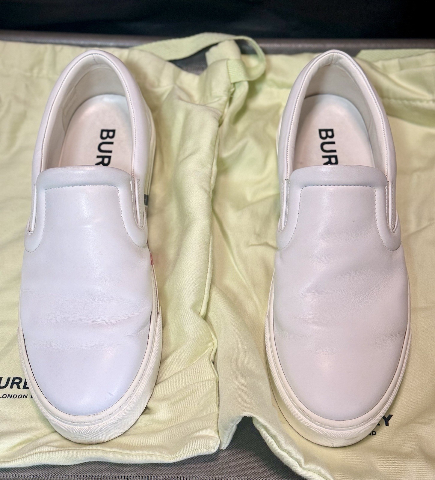 Burberry White Leather Slip-On Casual Shoes, US 11, Rubber Sole, Logo Accent