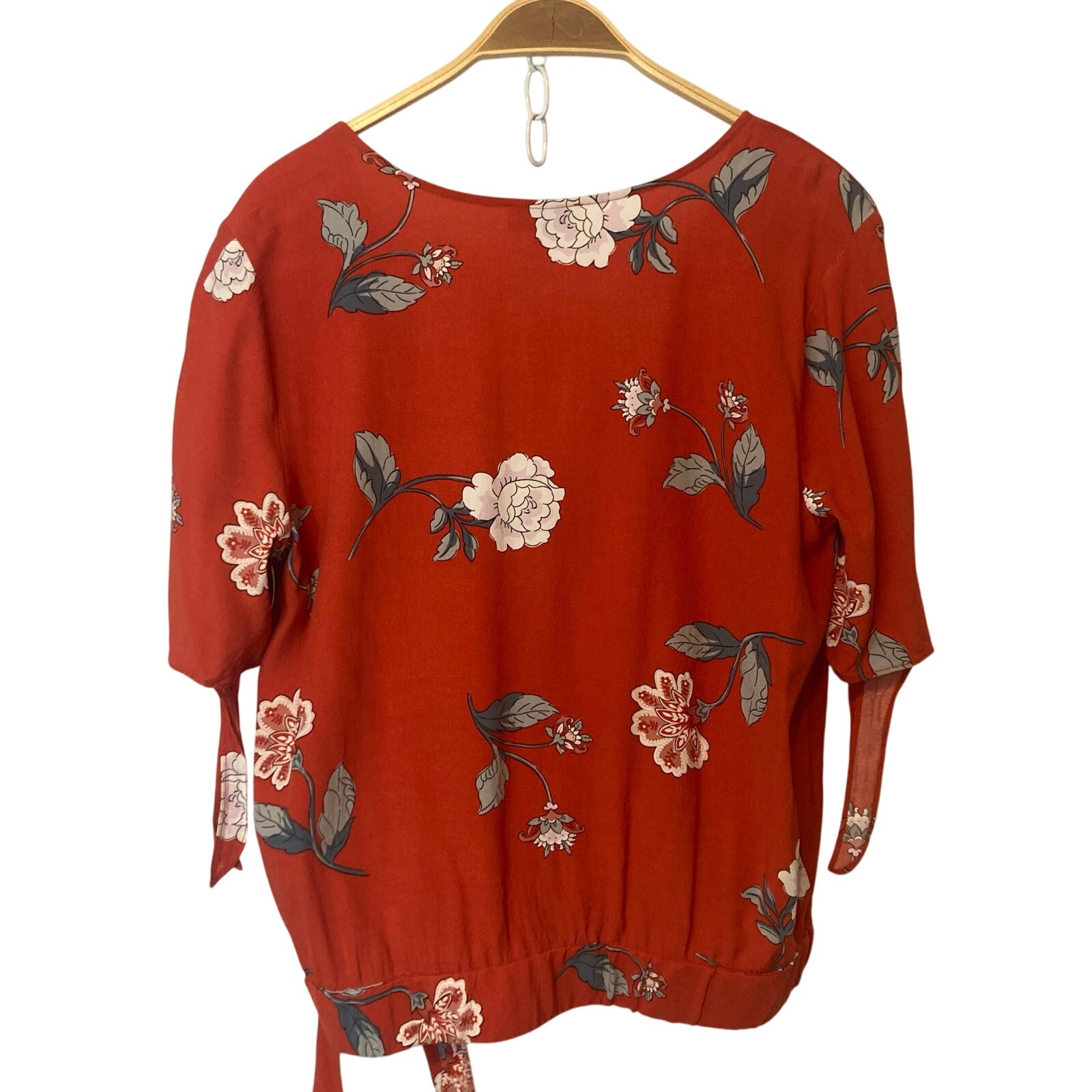 Loft Red Floral Tie Short Sleeves Waist Crossover V-Neck Blouse Top Medium