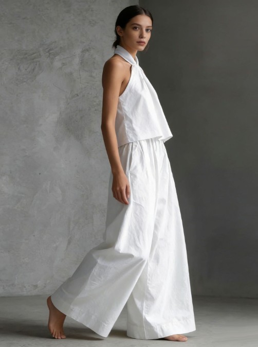 Women Sleeveless Halter Crop Top High Waist Wide Leg Pants 2 Piece Outfit Set