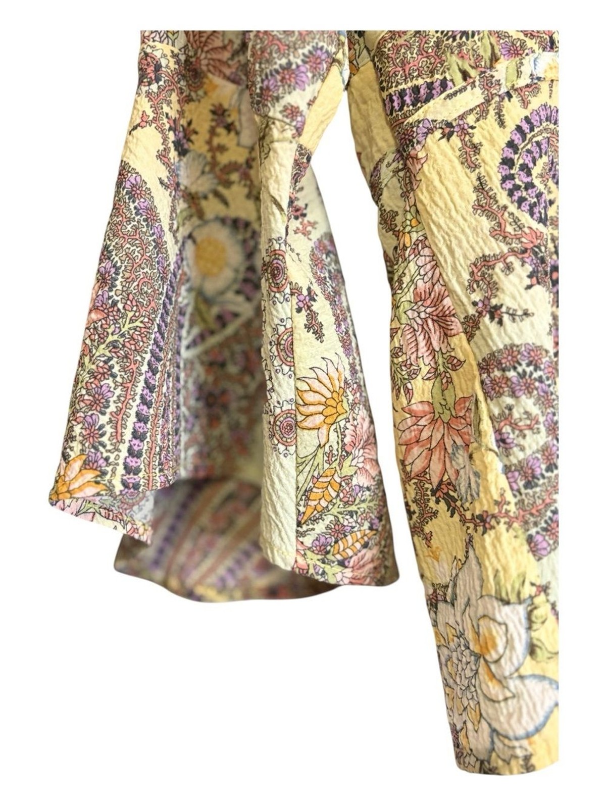 Milano Boho Paisley Floral Crinkle V-Neck Bell Sleeve Blouse Size Small