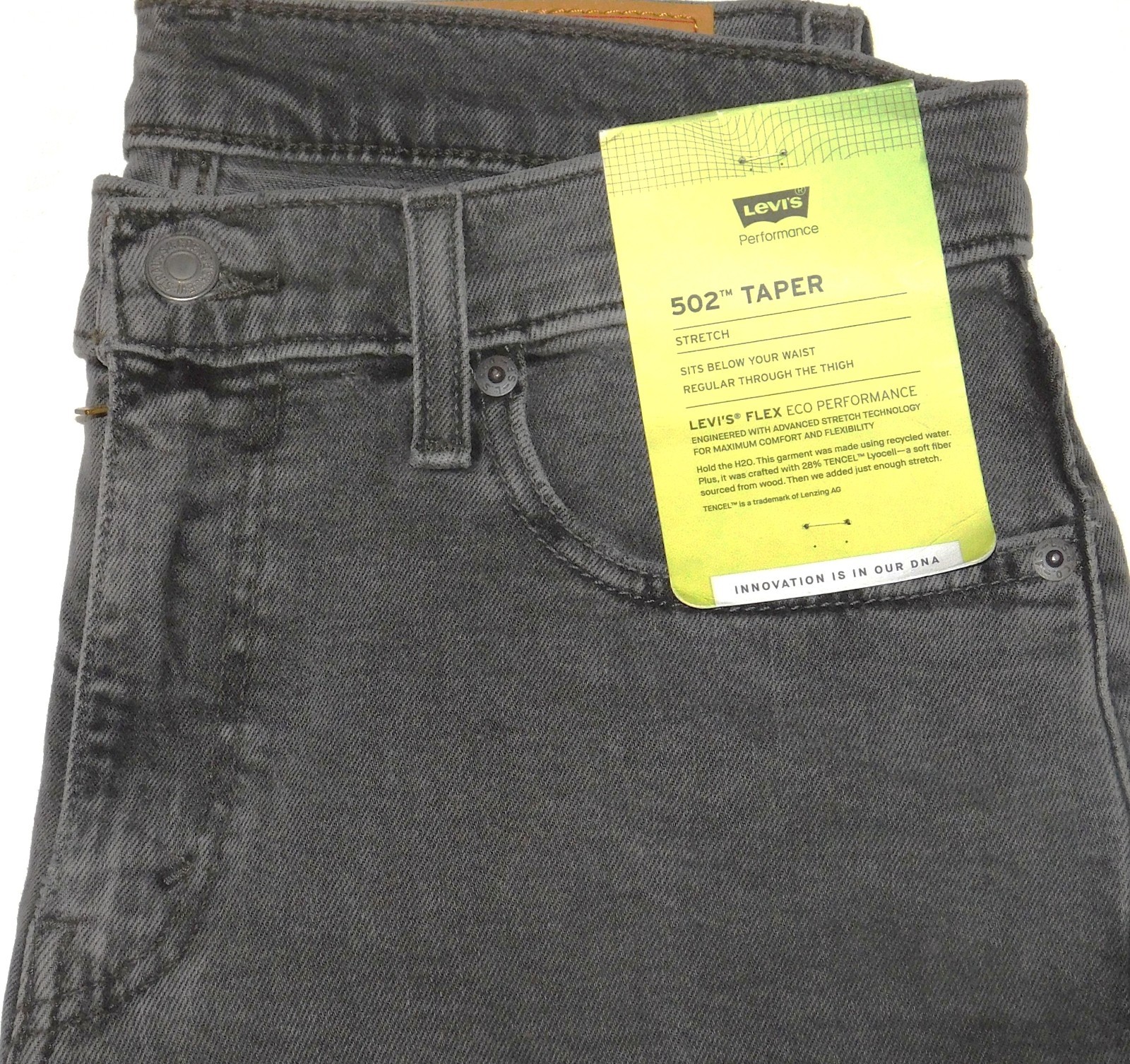 LEVIS 502 Taper Jeans Stretch Flex Eco Midrise Regular Through Thigh $75 Grey