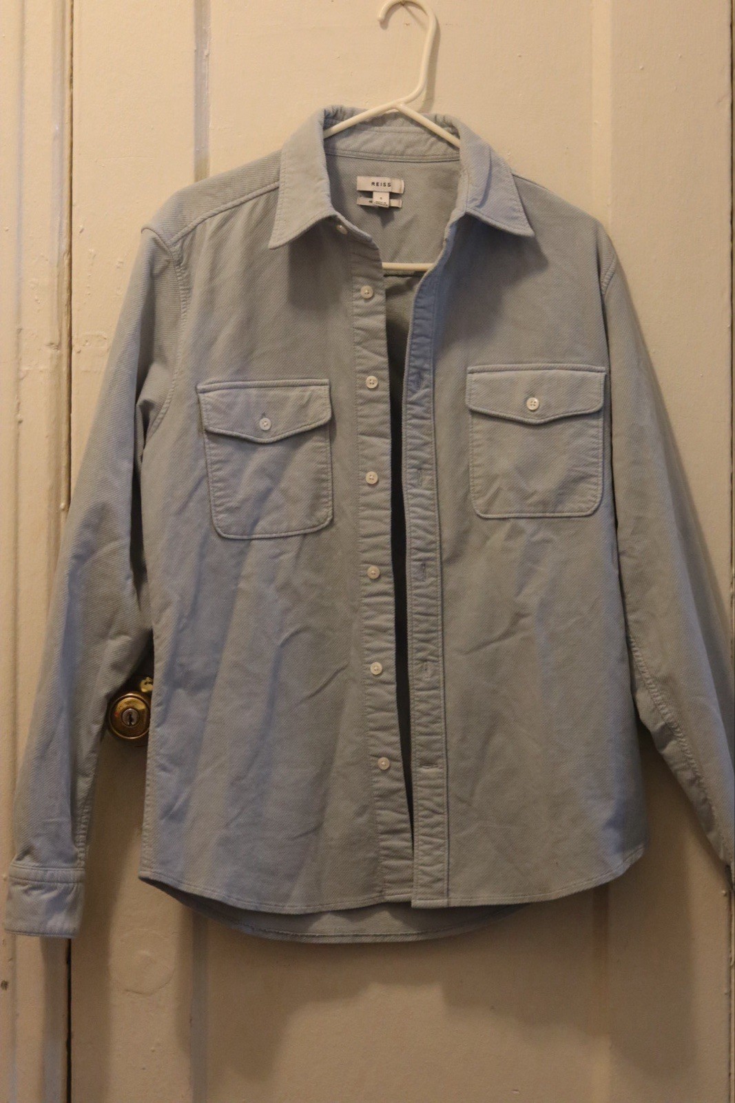 Reiss Men’s Solid Blue Long Sleeve Button-Up Shirt, Regular Fit, S Pockets