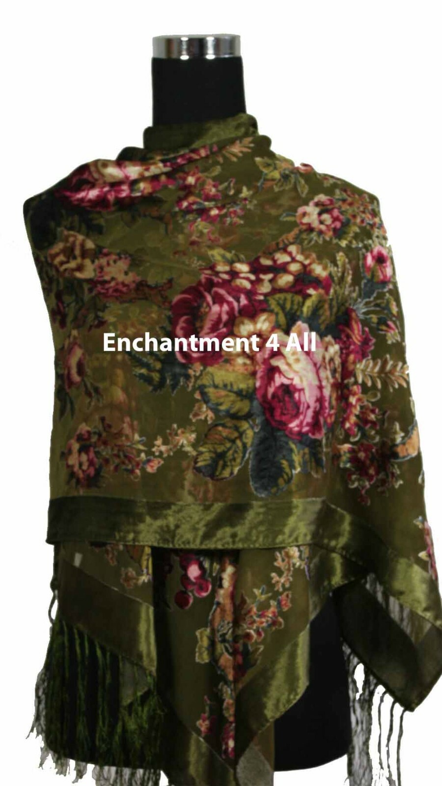 Elegant 100% Silk Burnout Velvet Vintage Floral Oblong Scarf Shawl Wrap, Green
