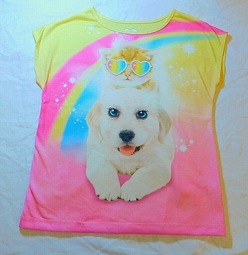 365 Kids Girls Sleeveless Dolman Tee Shirt Size 7 Cool Puppy Dog & Kitty Cat