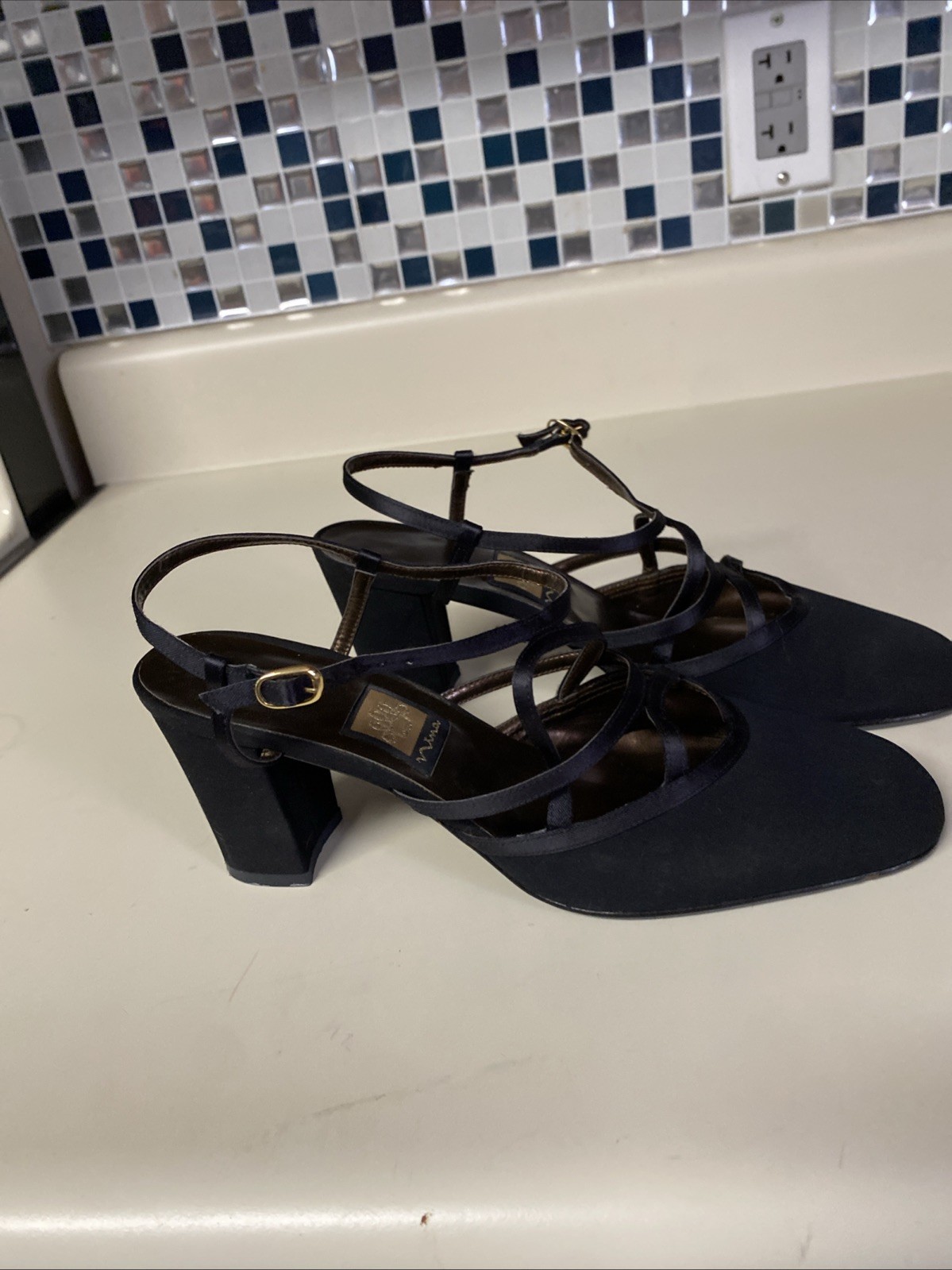 Nina Black Satin Fabric Strappy Heel Strap 8.5 Dressy Evening