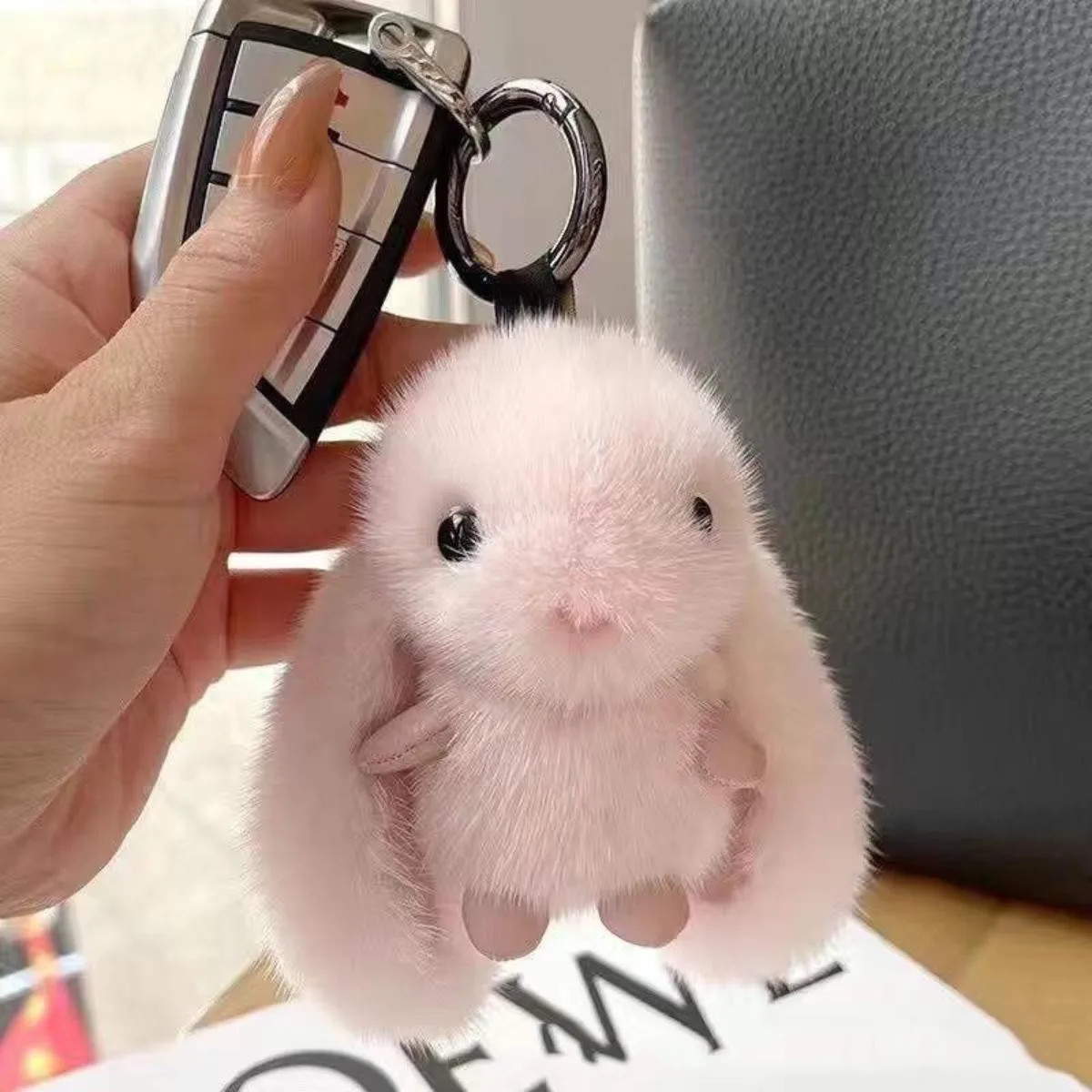 1Pc Cute Fluffy Rabbit Keychain Ring Plush Pompon Bunny Bag Pendant for Couple C