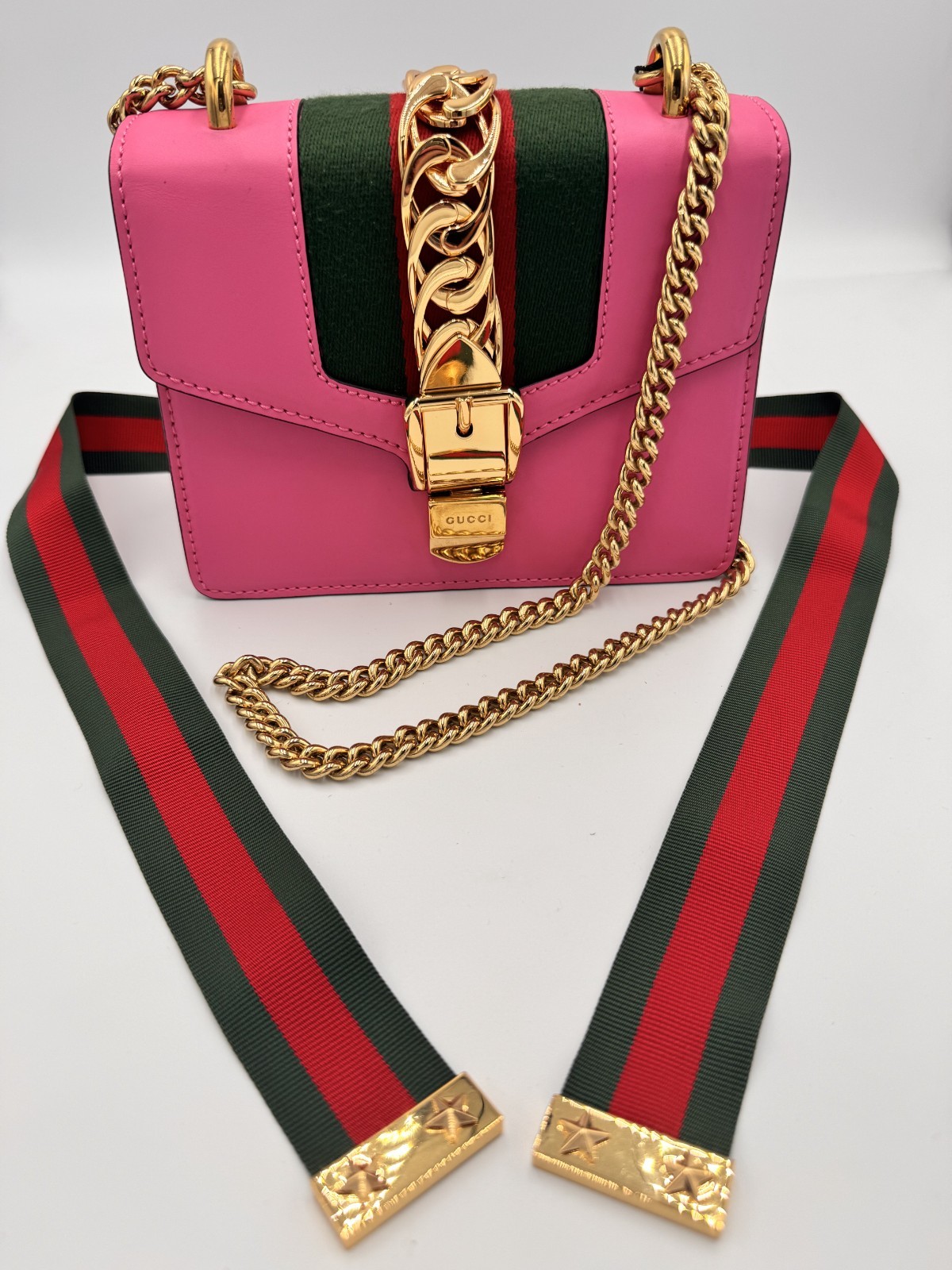 Authentic Gucci Sylvie Small Pink Leatheer Shoulder Bag Gold Chain Webstripe
