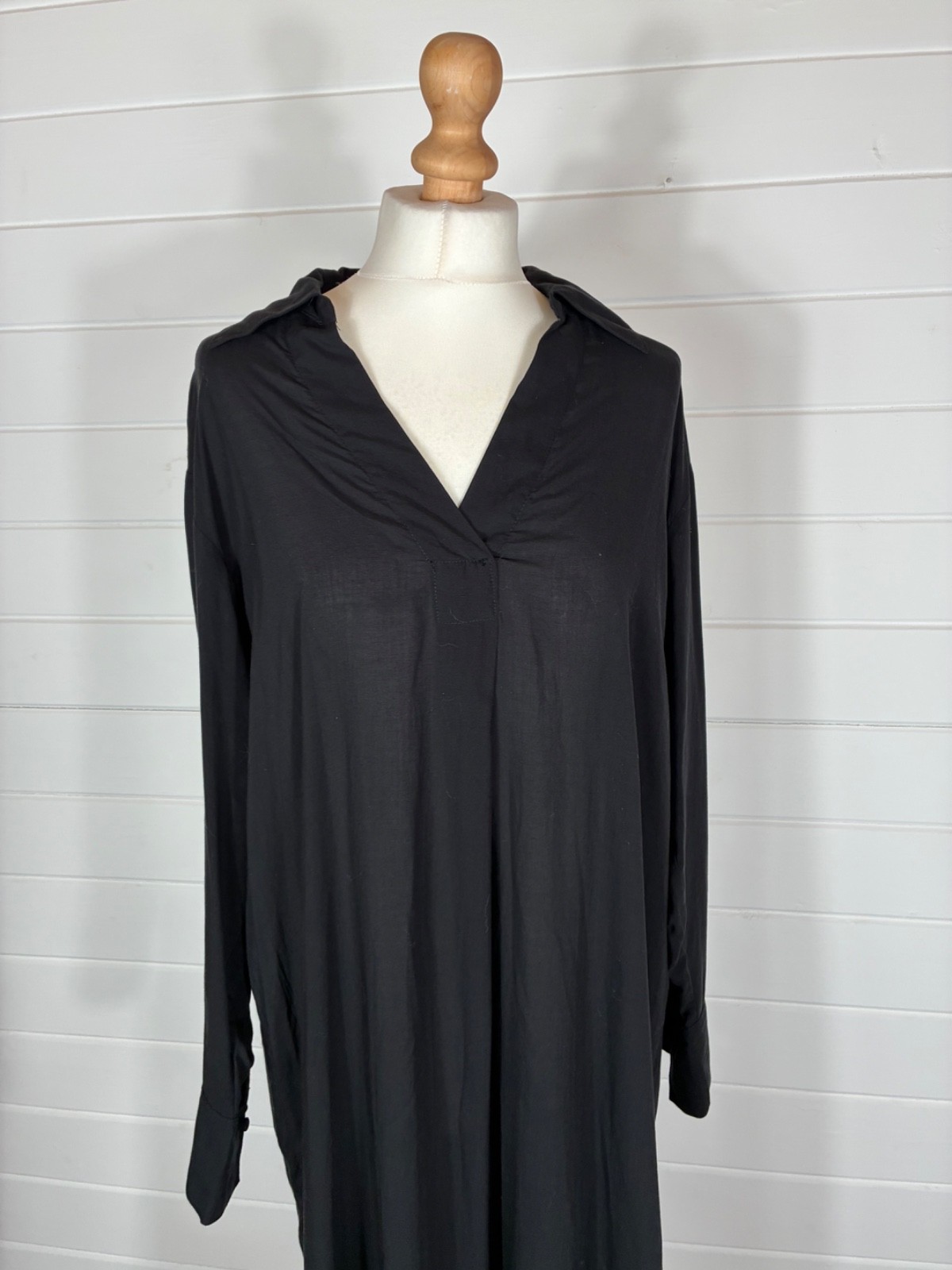 H&M LONG BLACK TUNIC STYLE LONG SLEEVE DRESS S GENEROUS FIT 10 12 14 MINIMALIST
