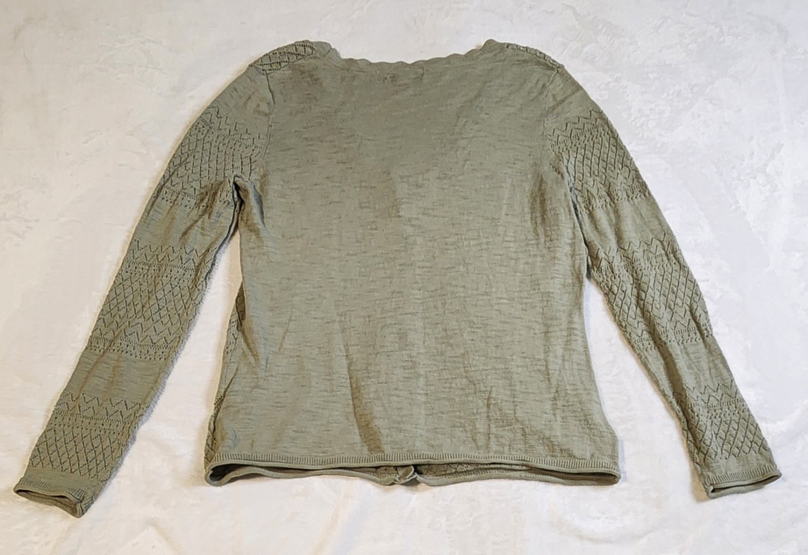Frye Button Up Pointelle Scalloped Neckline Cardigan, Green, Size Medium
