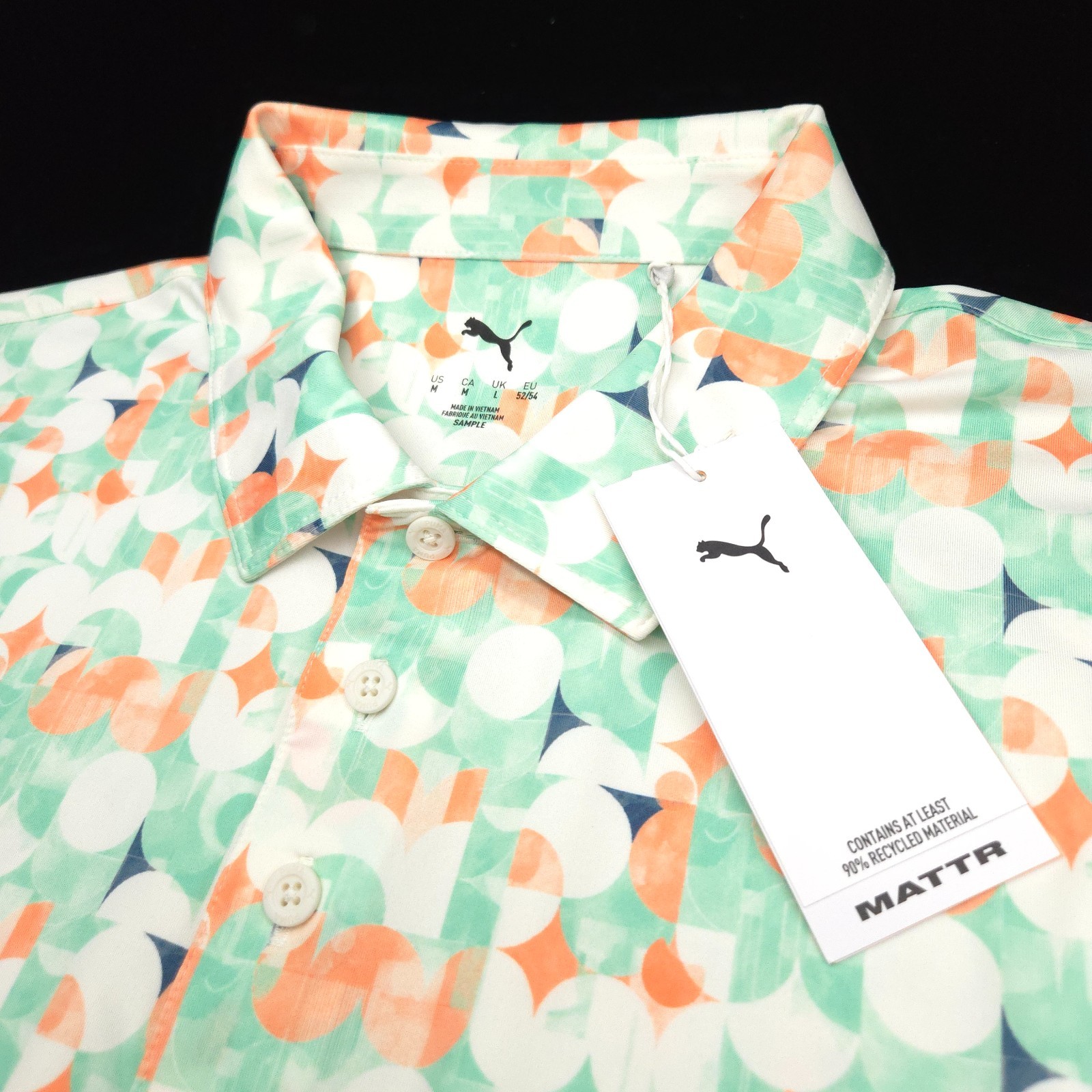 Puma Golf Polo Shirt Mens -M- White Orange Green Geometric PERFORMANCE Athletic