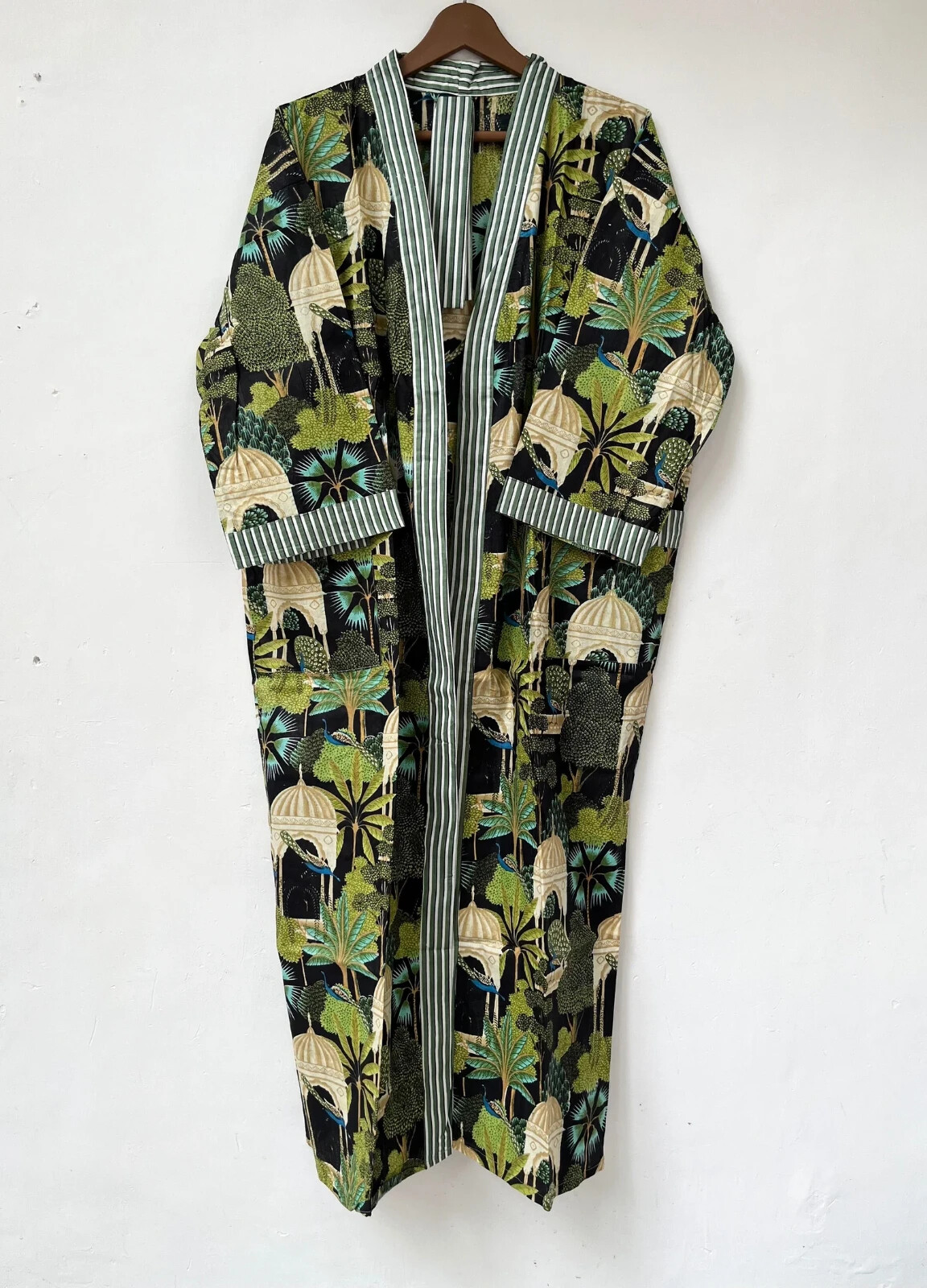 Indian Cotton Robe Long Kimono Sleepwear Black Floral Printed Night Kimono Robe