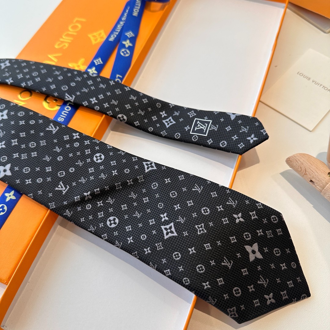 L.V. Paris Designer Silk Tie Black Grey Monogram Pattern Luxury Necktie w/ Box