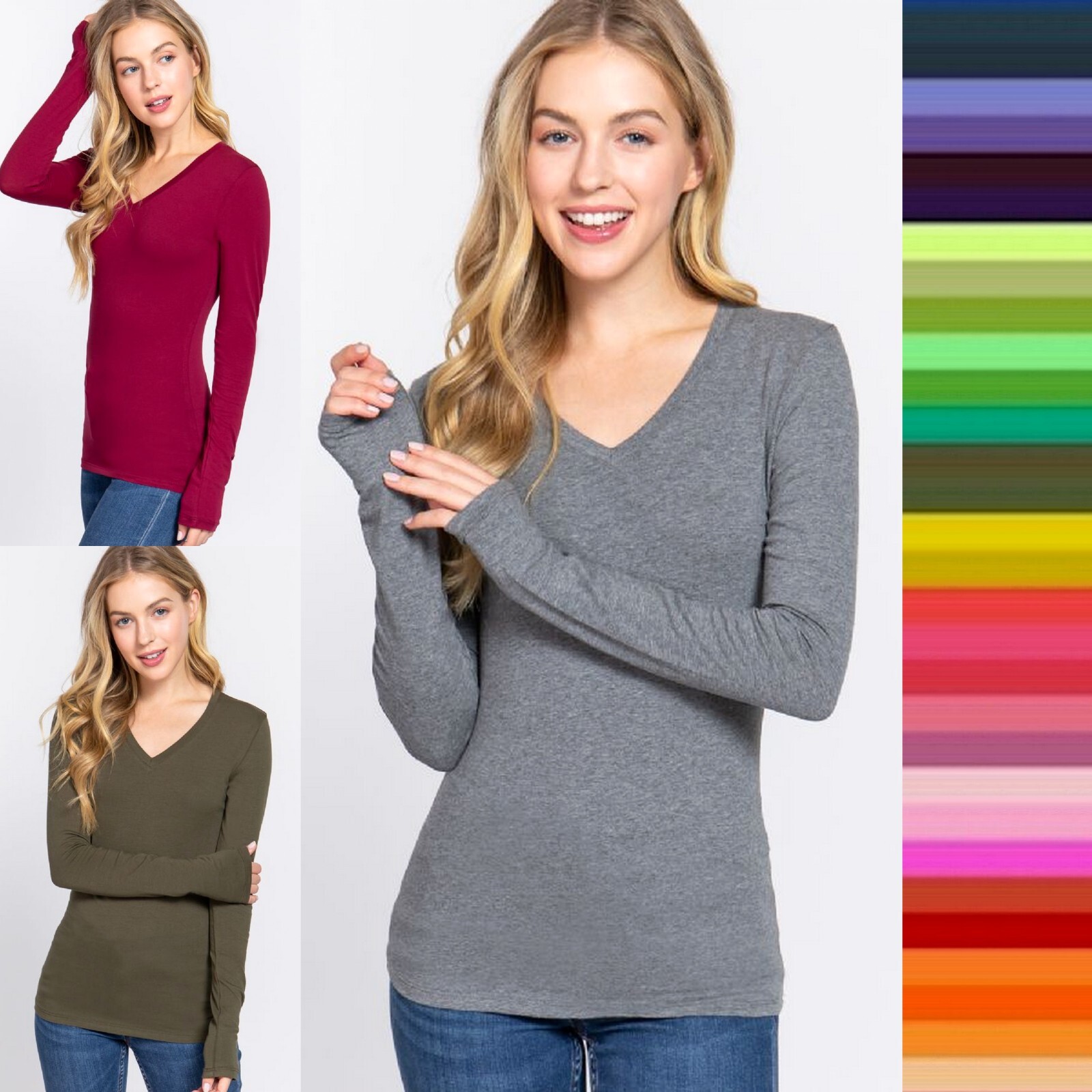 Women’s V Neck Long Sleeve T Shirt Basic Stretch Top US Sizes S-XL Plus 1X 2X