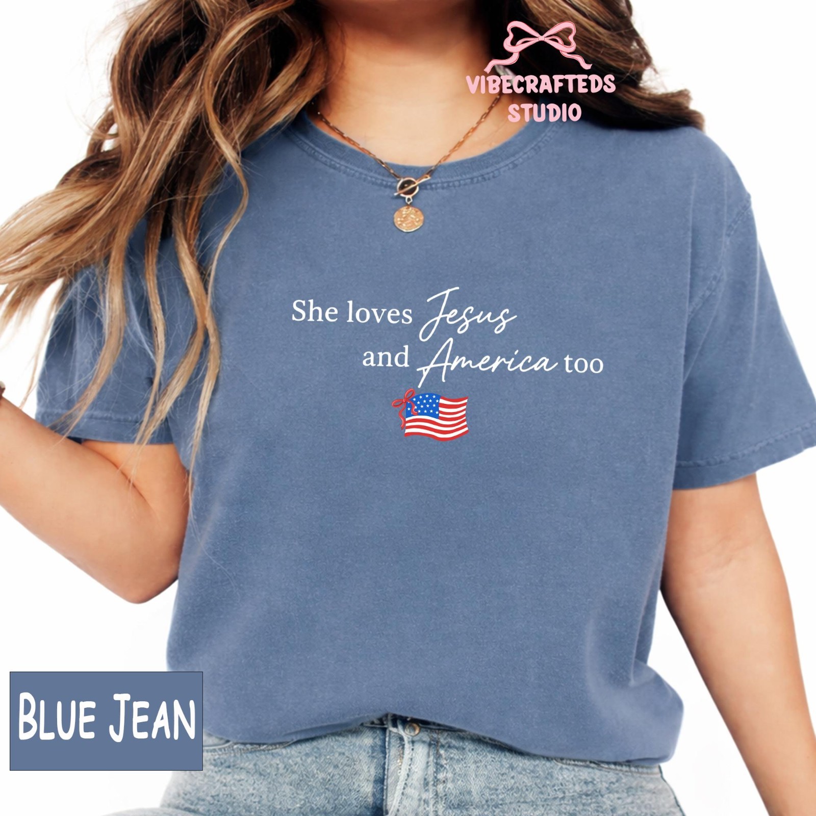 She Loves Jesus and America Too T-Shirt Patriotic Christian Flag Tee