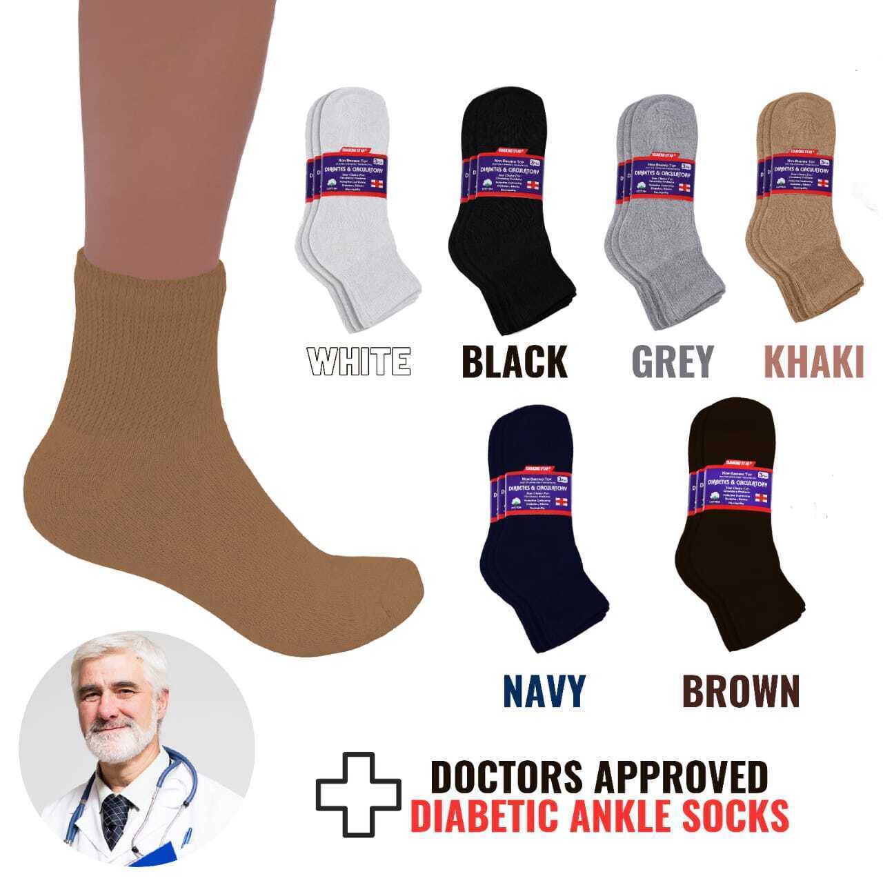 3-12 Pairs Men’s Circulatory Health Diabetic Ankle Quarter Socks Khaki Size 9-15