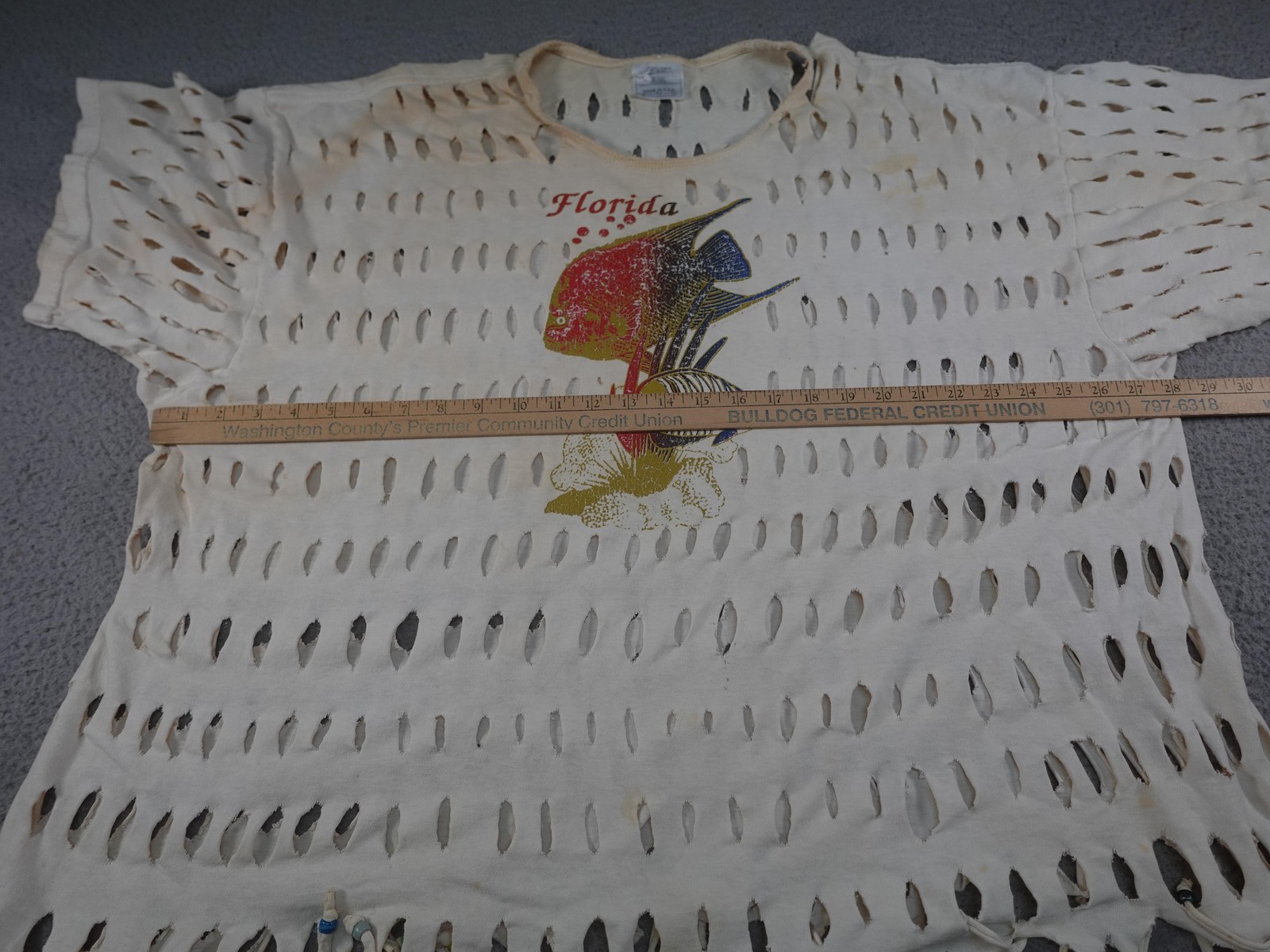 Vintage Florida Shirt Womens 2XL White Fish Cutout Beaded Fringe Beach Summer