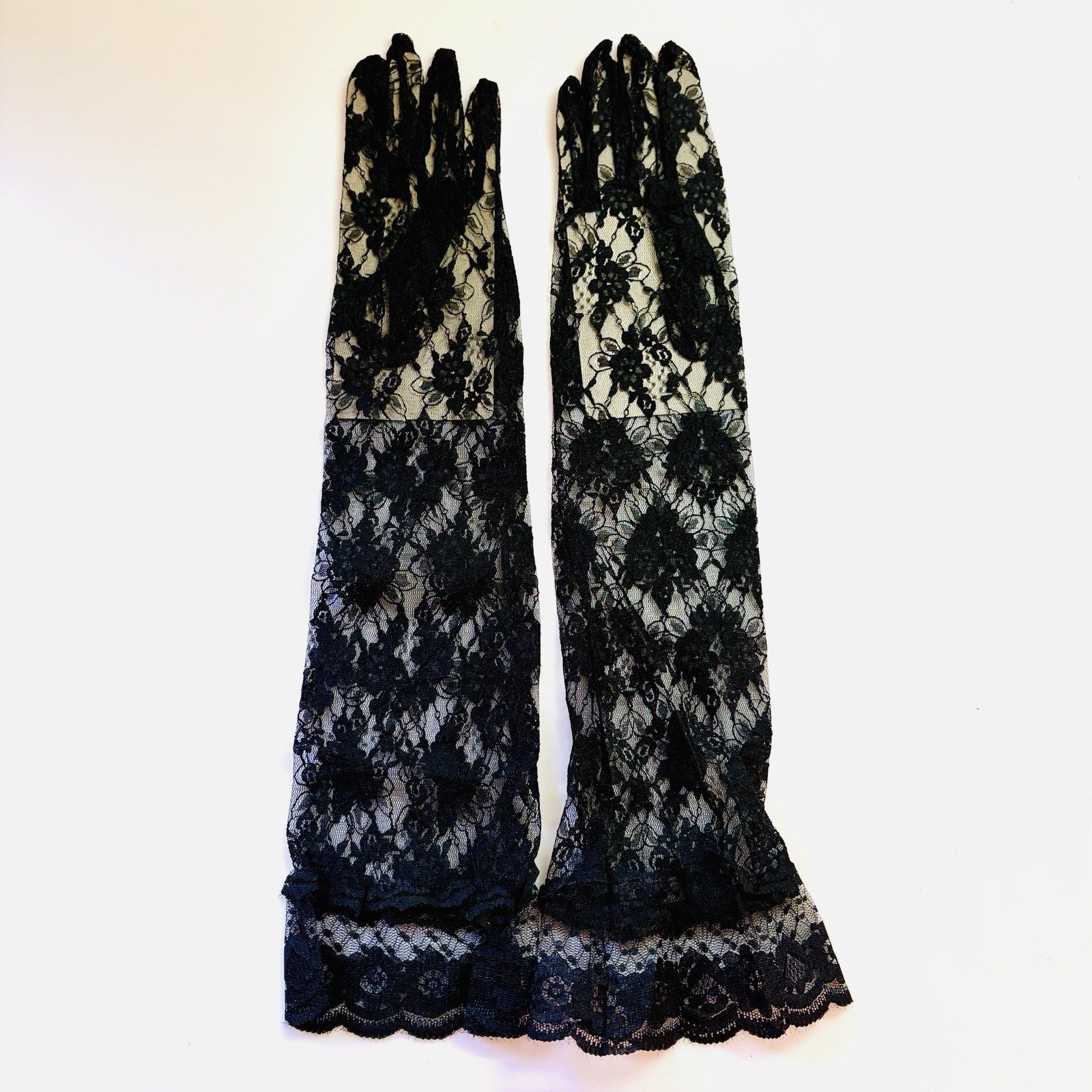 Vtg New Black Lace Gloves Ruffle Wrist Opera Sheer Evening Party Costume Goth