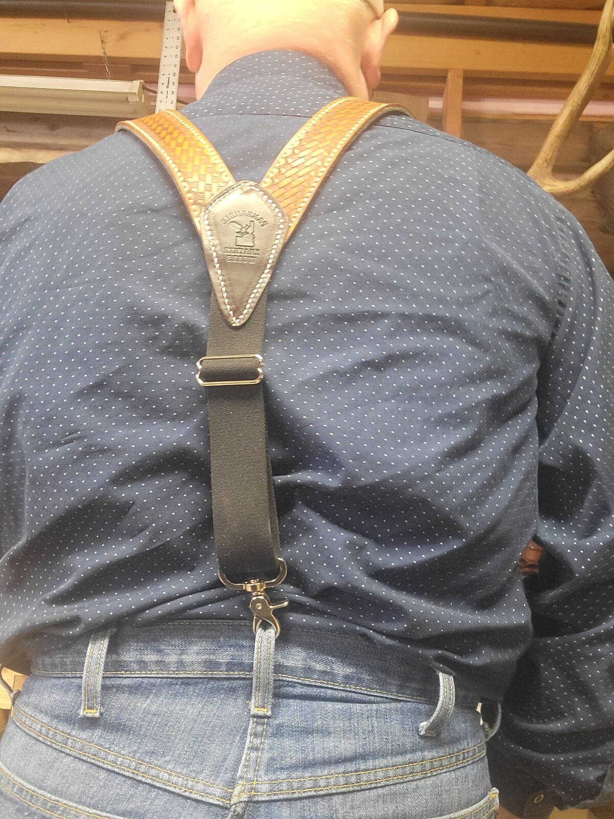 Leather Cowboy Western Suspenders Basket Weaved Stamped Hand Made In The USA