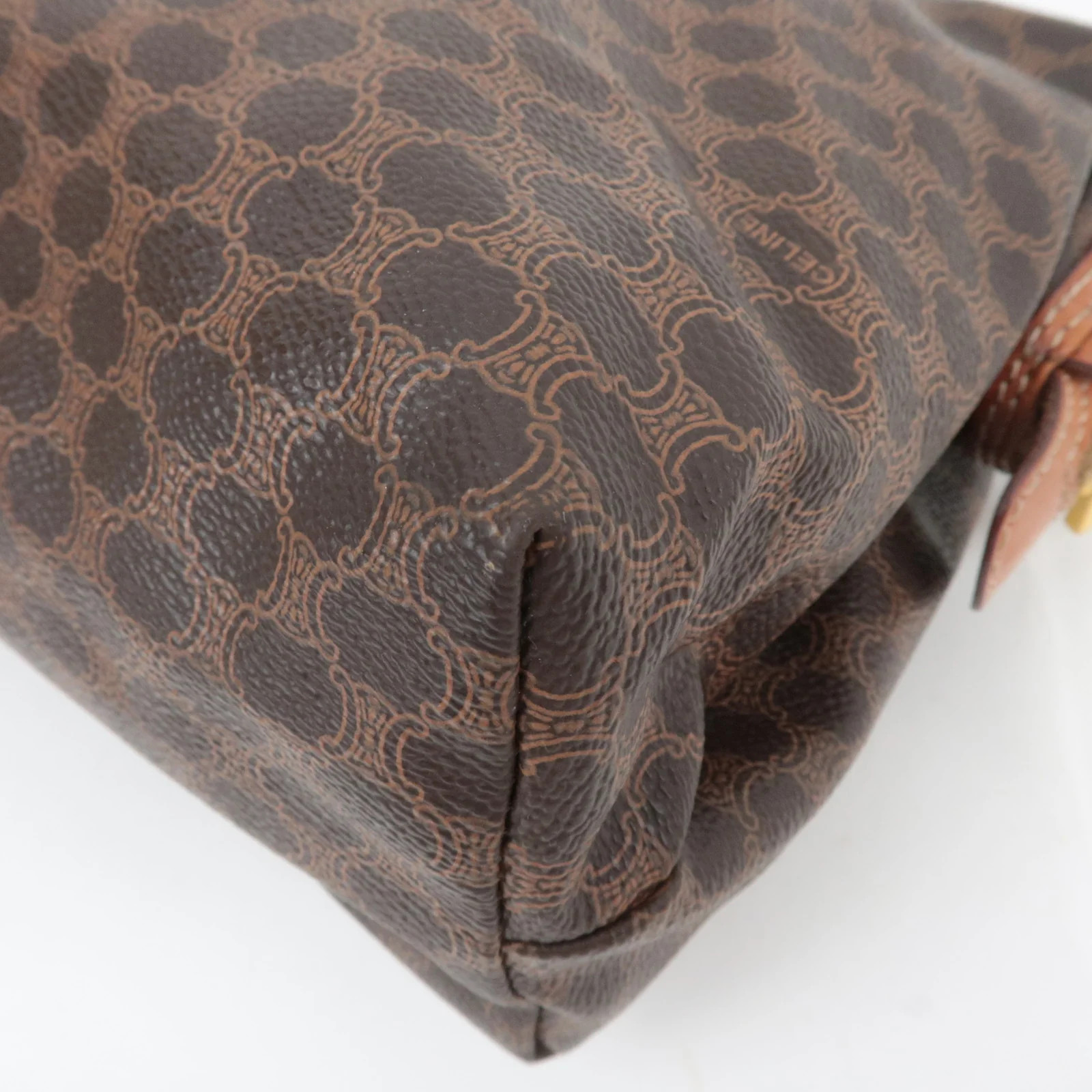 CELINE Macadam PVC Leather Cosmetic Pouch Brown Gold HDW Authentic