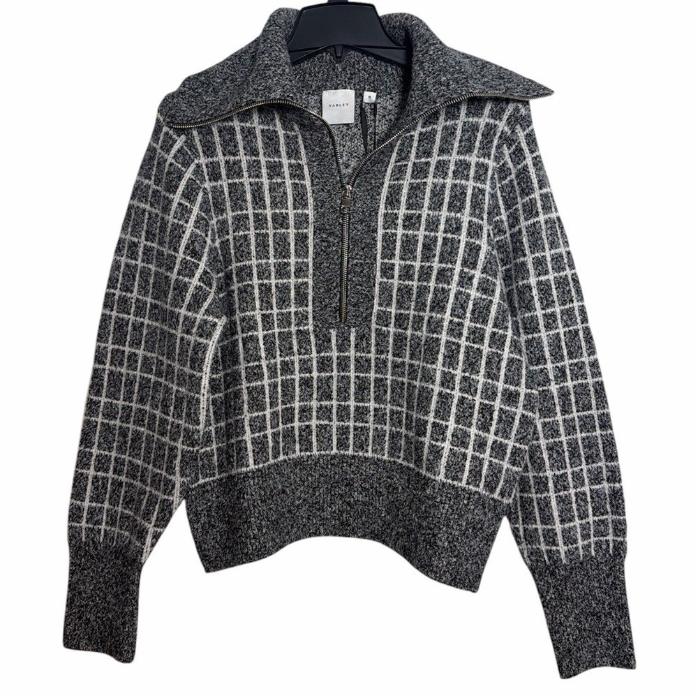 NWT Varley Furley Half Zip Knit Gray White Plaid Medium