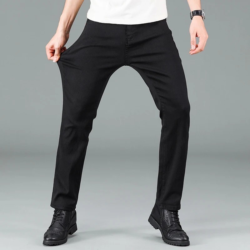 Men’s Black Straight Leg Jeans Casual Stretch Mid Waist Classic Cotton Pants