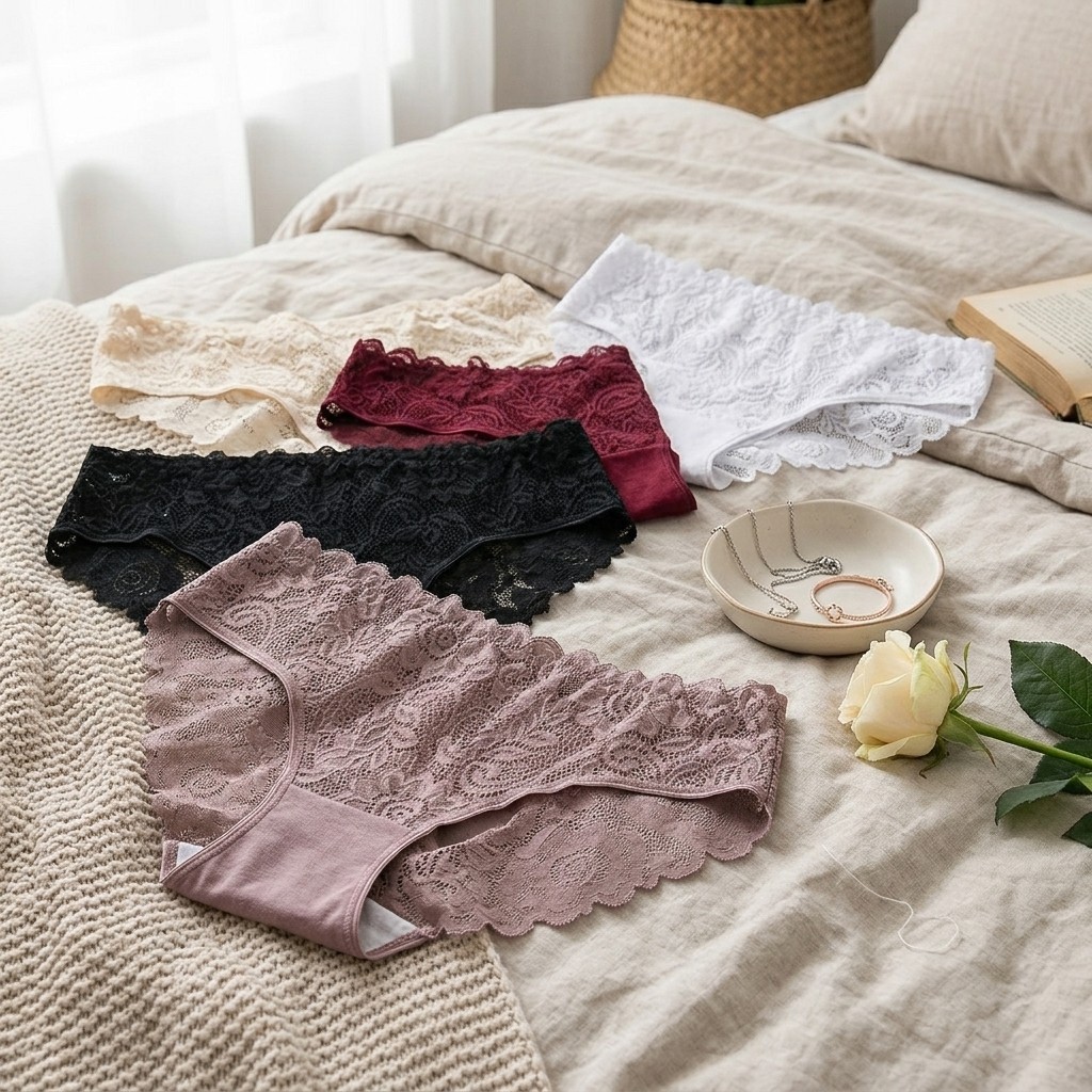 5Pcs Lace Trim Hollow Cotton Underwear Set, Breathable Soft Low Waist Panties