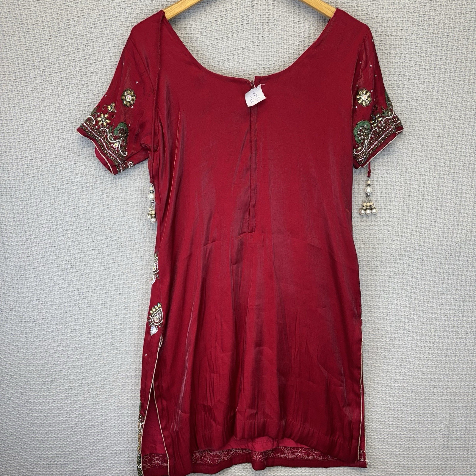Indian Pakistani Women’s Red Heavily Beaded Kurti Kurta Tunic Dress S 4 Wedding
