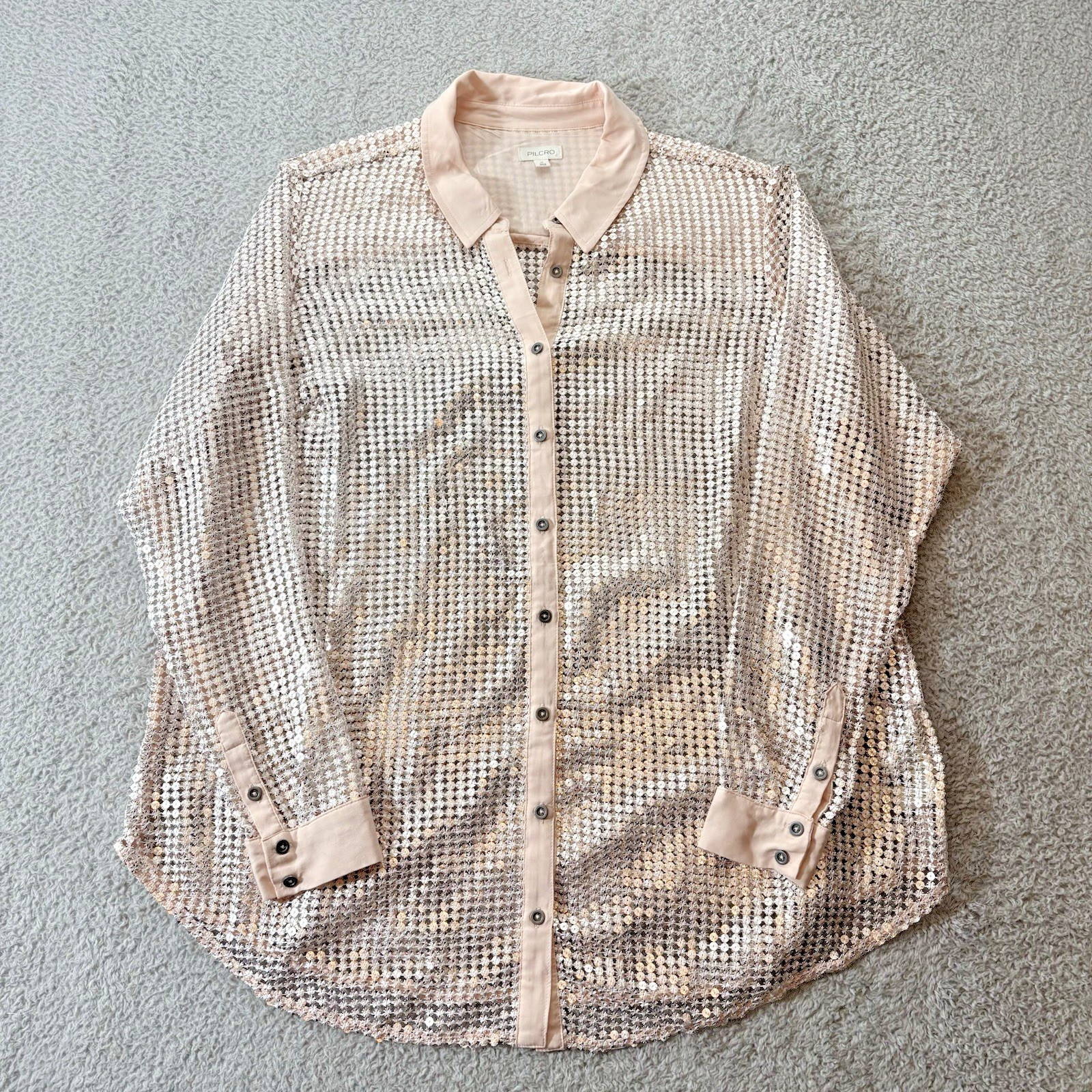 Pilcro Anthropologie Sequin Mesh Shirt 1X Blush Sheer Button Front Plus Size