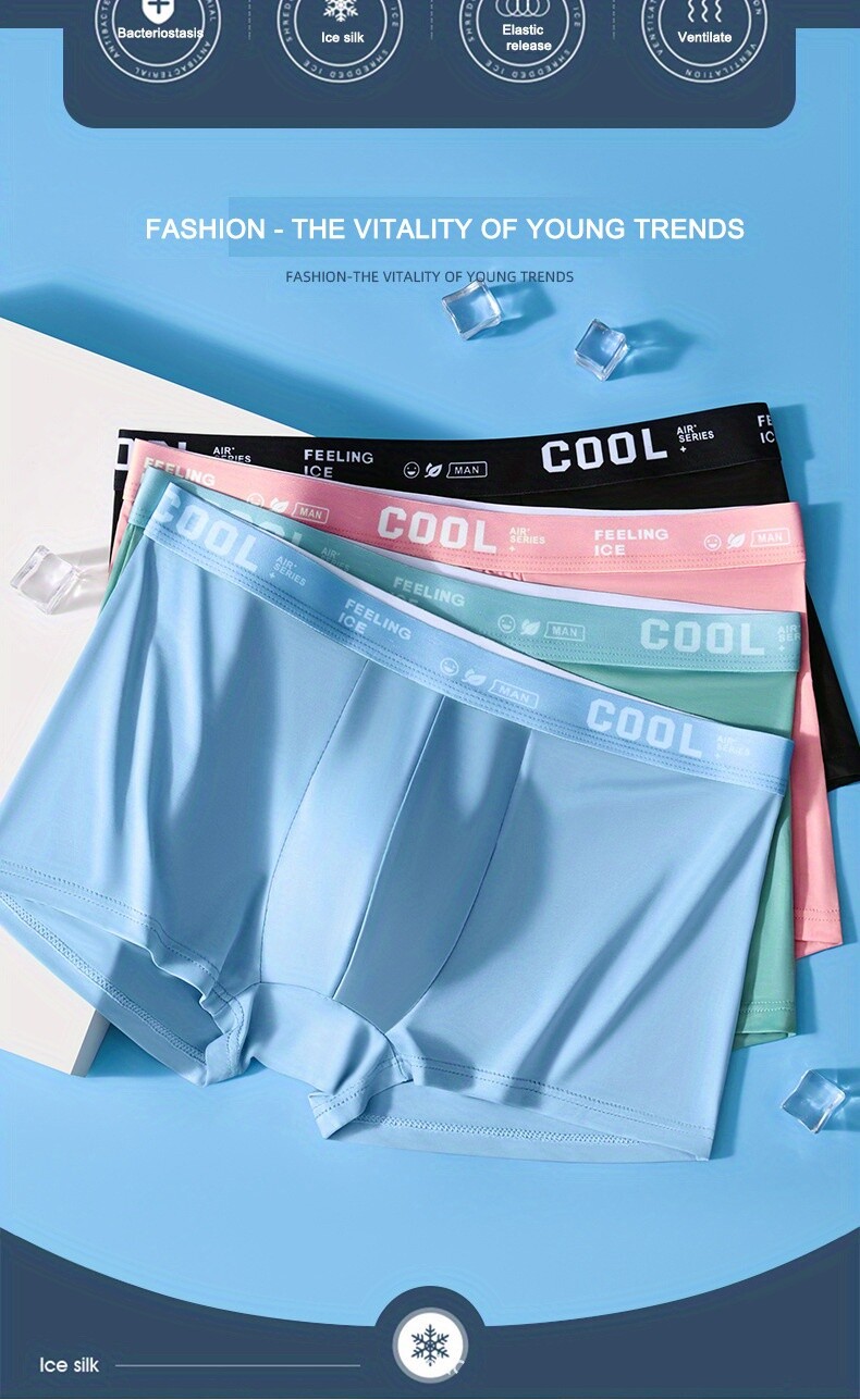 4pcs Men’s Ice Silk Cool Underwear, Sexy Ultra-thin Antibacterial Boxers Briefs